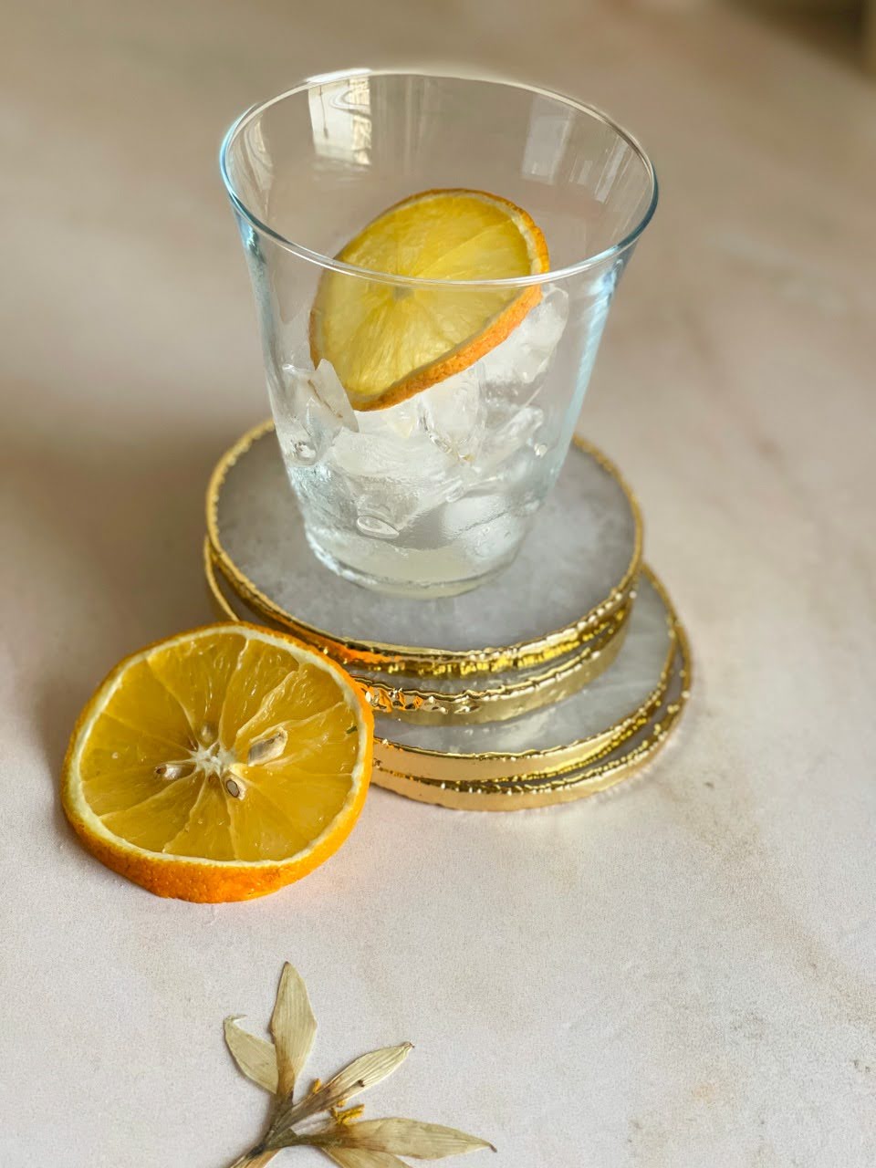 White Quartz Coasters with Gold Rim - Set of 2