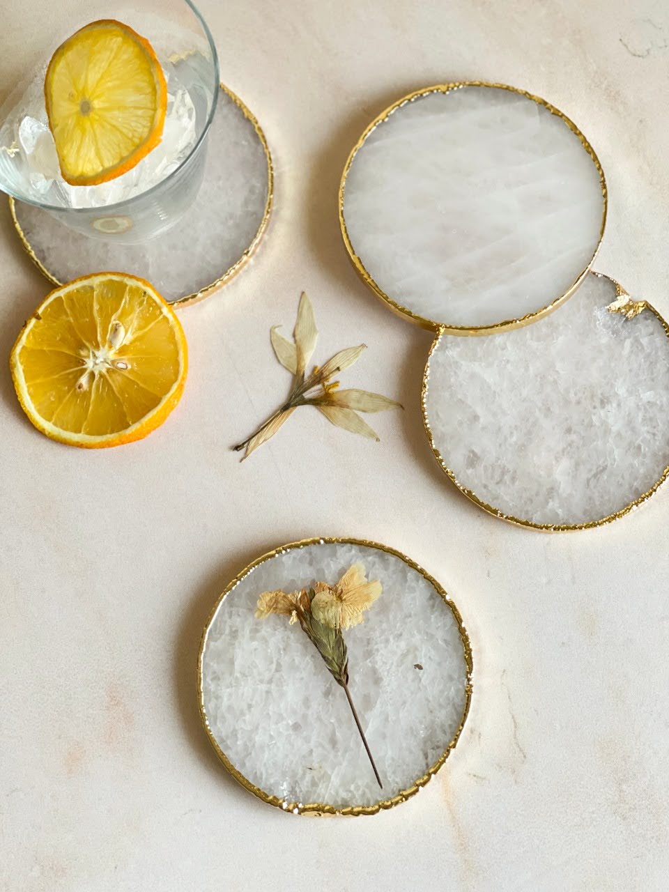 White Quartz Coasters with Gold Rim - Set of 2