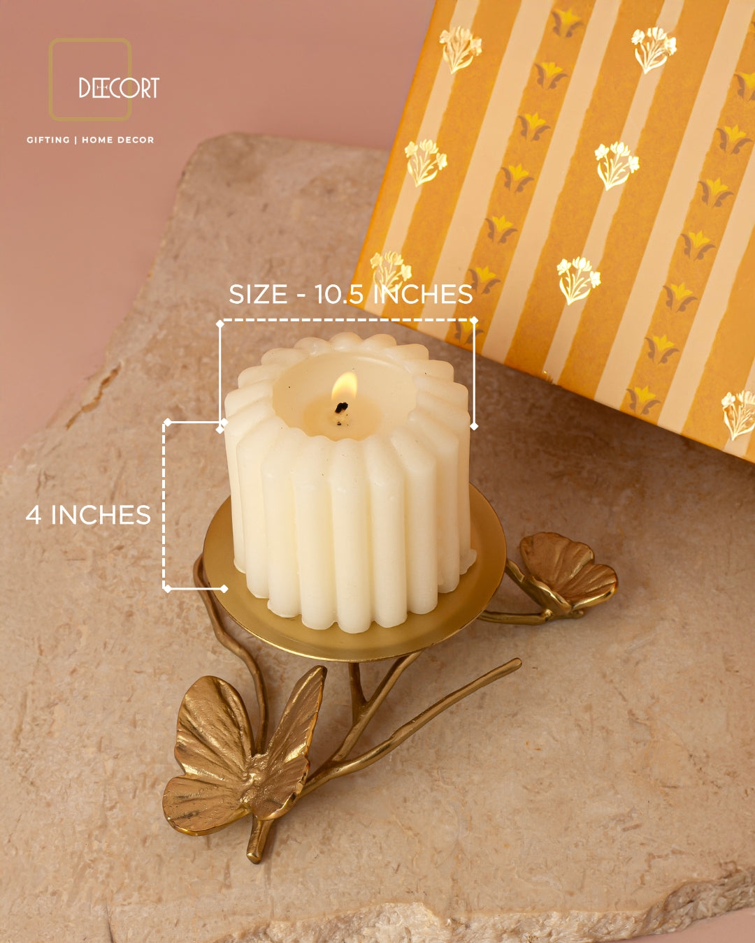 Butterfly Brass Candle Stand and Ivory Fluted Candle Gift Set