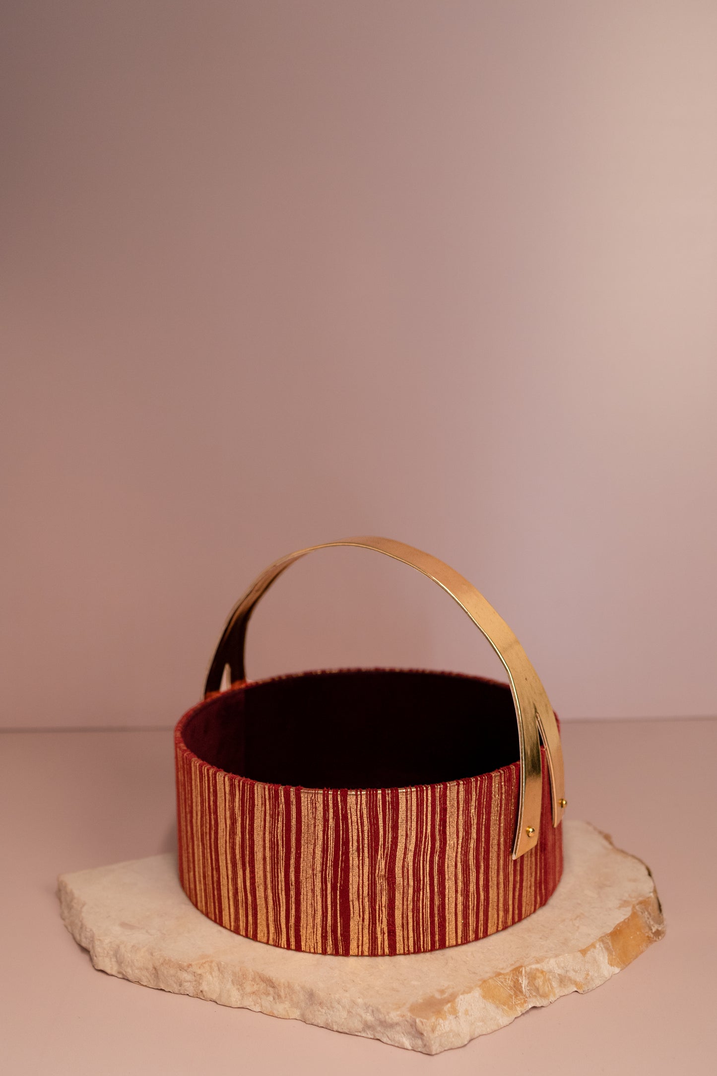 Round Maroon & Gold Textured Basket with Elegant Leather Handle – 10 x 4 Inches