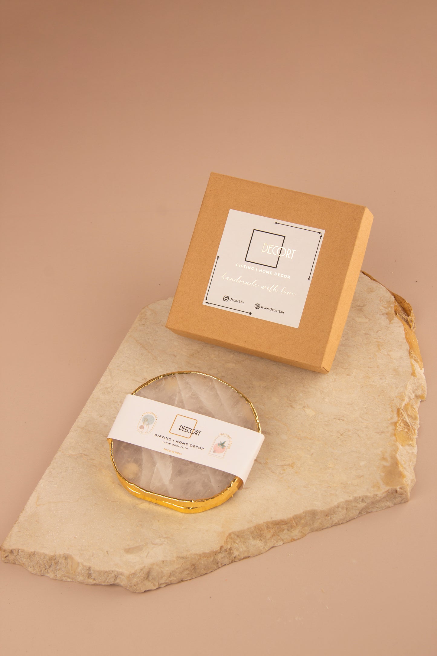 White Quartz Coasters with Gold Rim - Set of 2