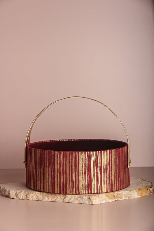 Round Maroon & Gold Textured Basket with Elegant Leather Handle – 10 x 4 Inches