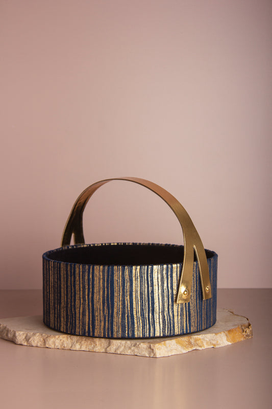 Round Blue & Gold Textured Basket with Luxe Gold Handle – 10 x 4 Inches