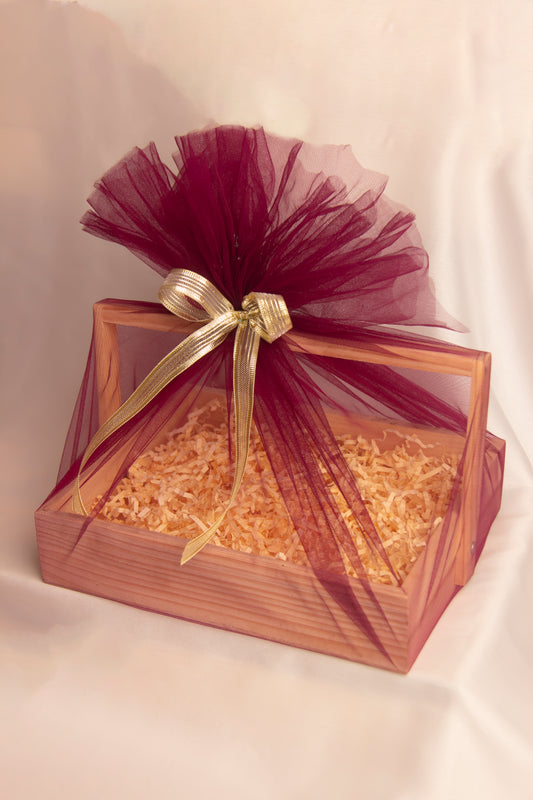 Pinewood Rectangle Basket with Wooden Handle - 10X8X2.5 Inches with Paper Shredder, Net, Ribbon & Paper Tag - Pack of 1