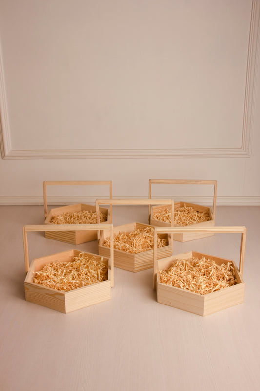 Pinewood Hexagon Basket with Wooden Handle- 10 Inch Pack of 5
