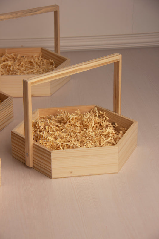 Pinewood Hexagon Basket with Wooden Handle - 10 Inch Pack of 1