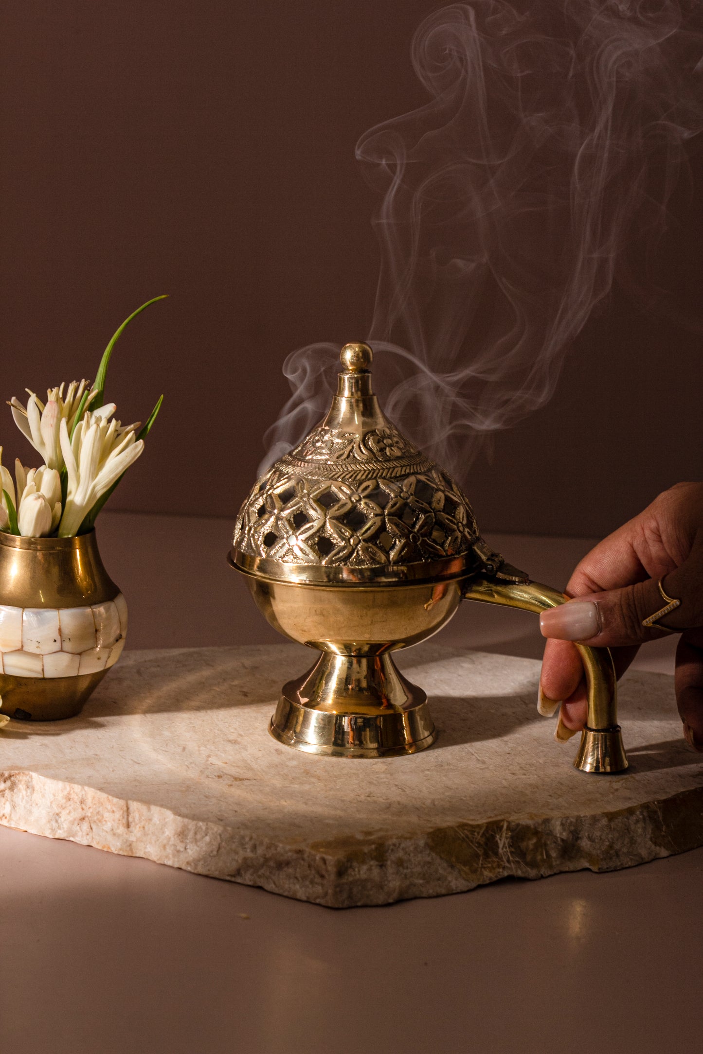 Golden Grace Incense Holder with Handle with pack of 10 Scented Dhoop Cones