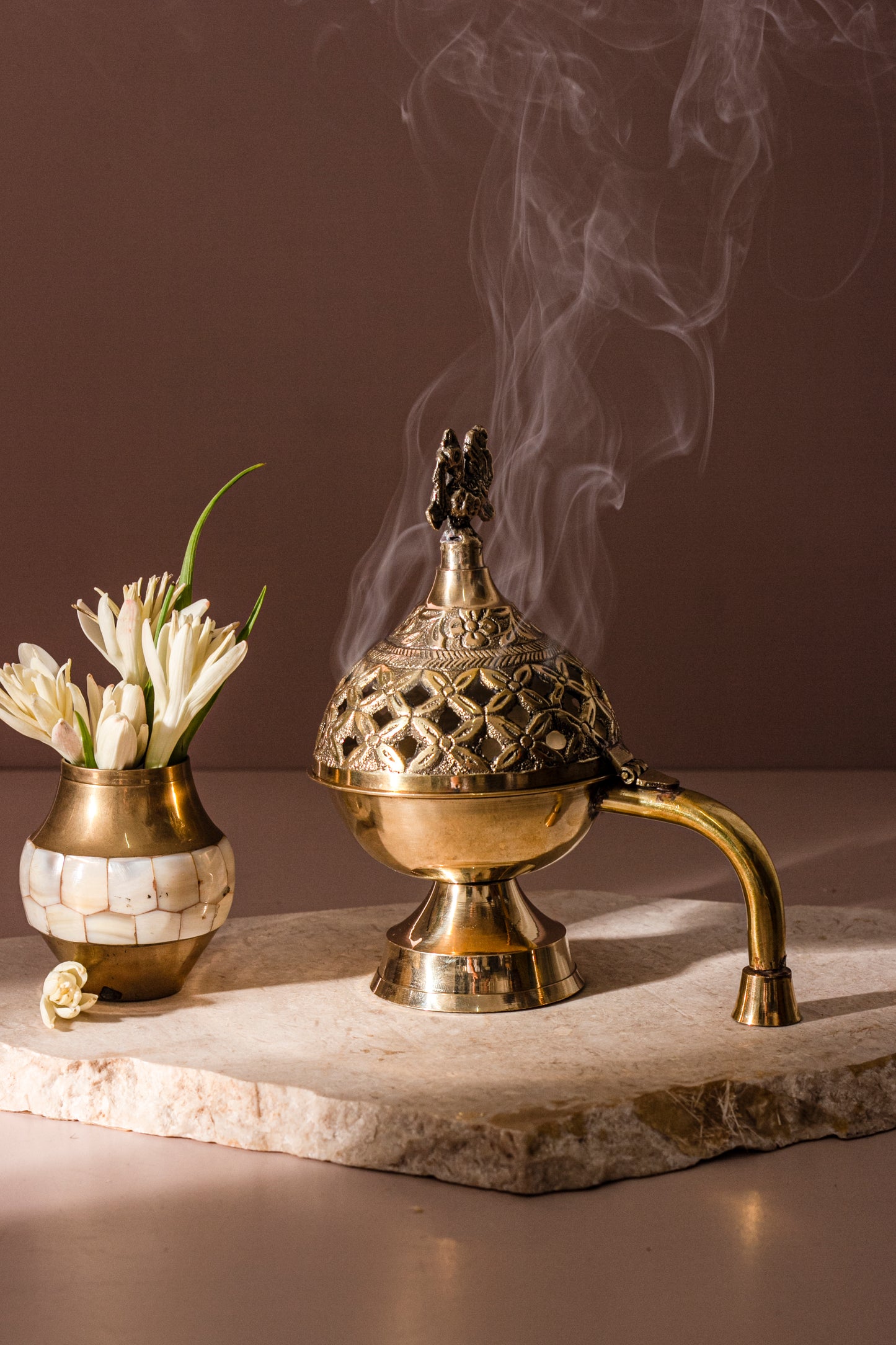 Heritage Brass Incense Holder with Handle with pack of 10 Scented Dhoop Cones