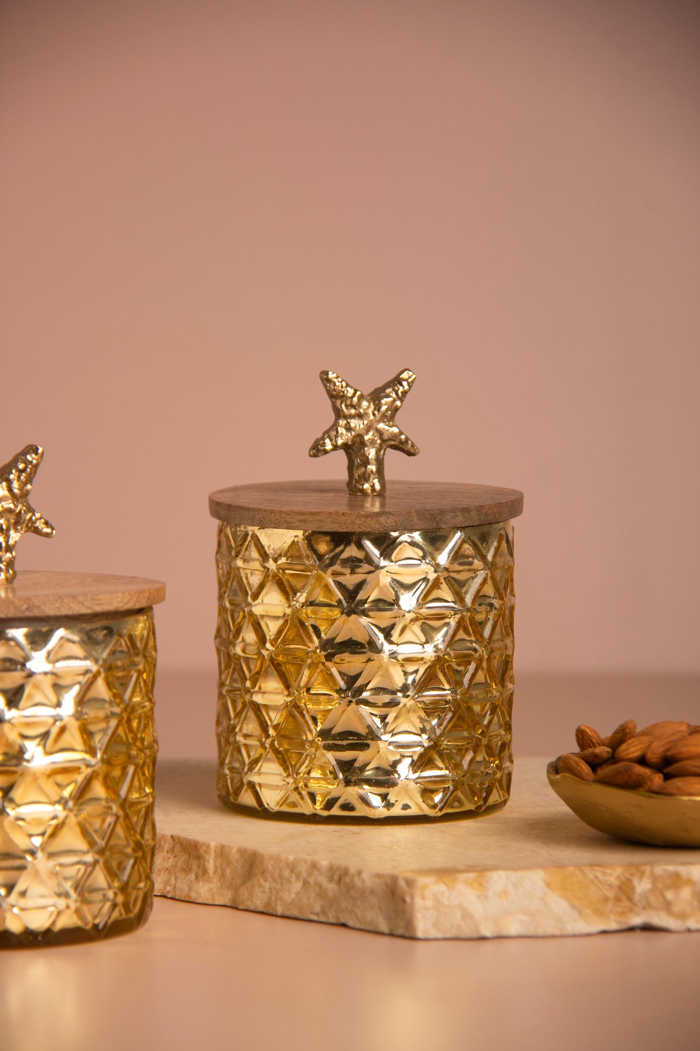 Gilded Triangle Gold Glass Jar with Wooden lid - Set of 2