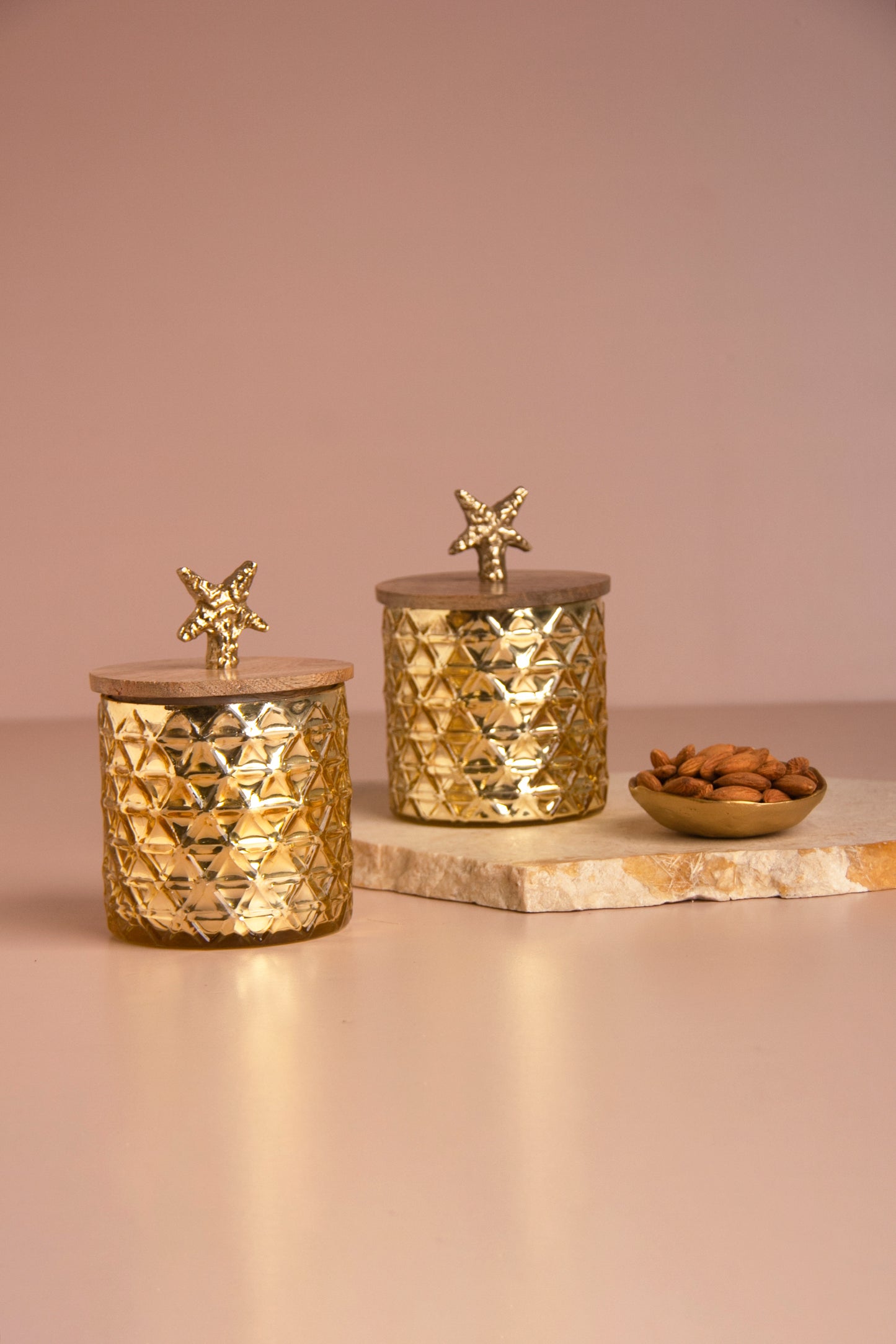 Gilded Triangle Gold Glass Jar with Wooden lid - Set of 2
