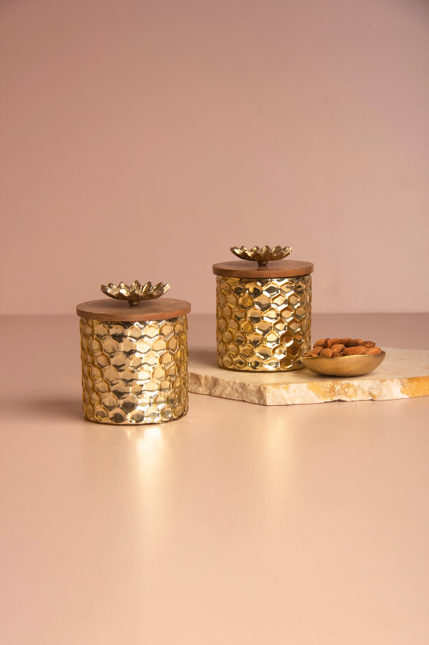 Gold Gleam Hive Glass Jar with Wooden lid - Set of 2