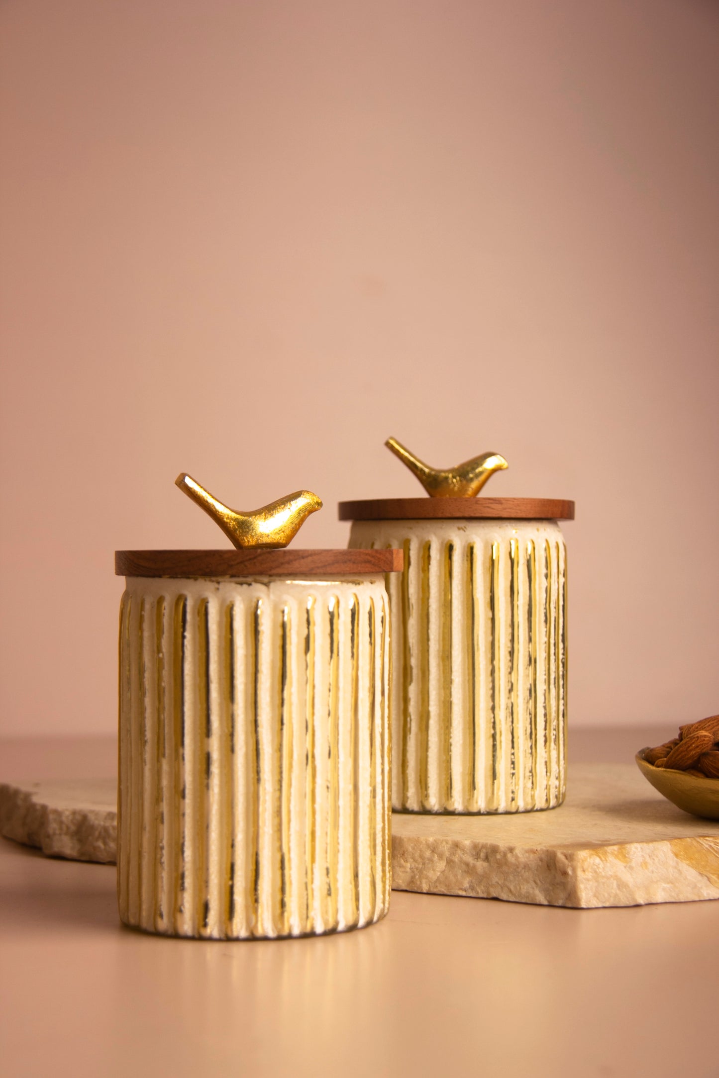 Ivory Crest Glass Jar with Wooden lid - Set of 2