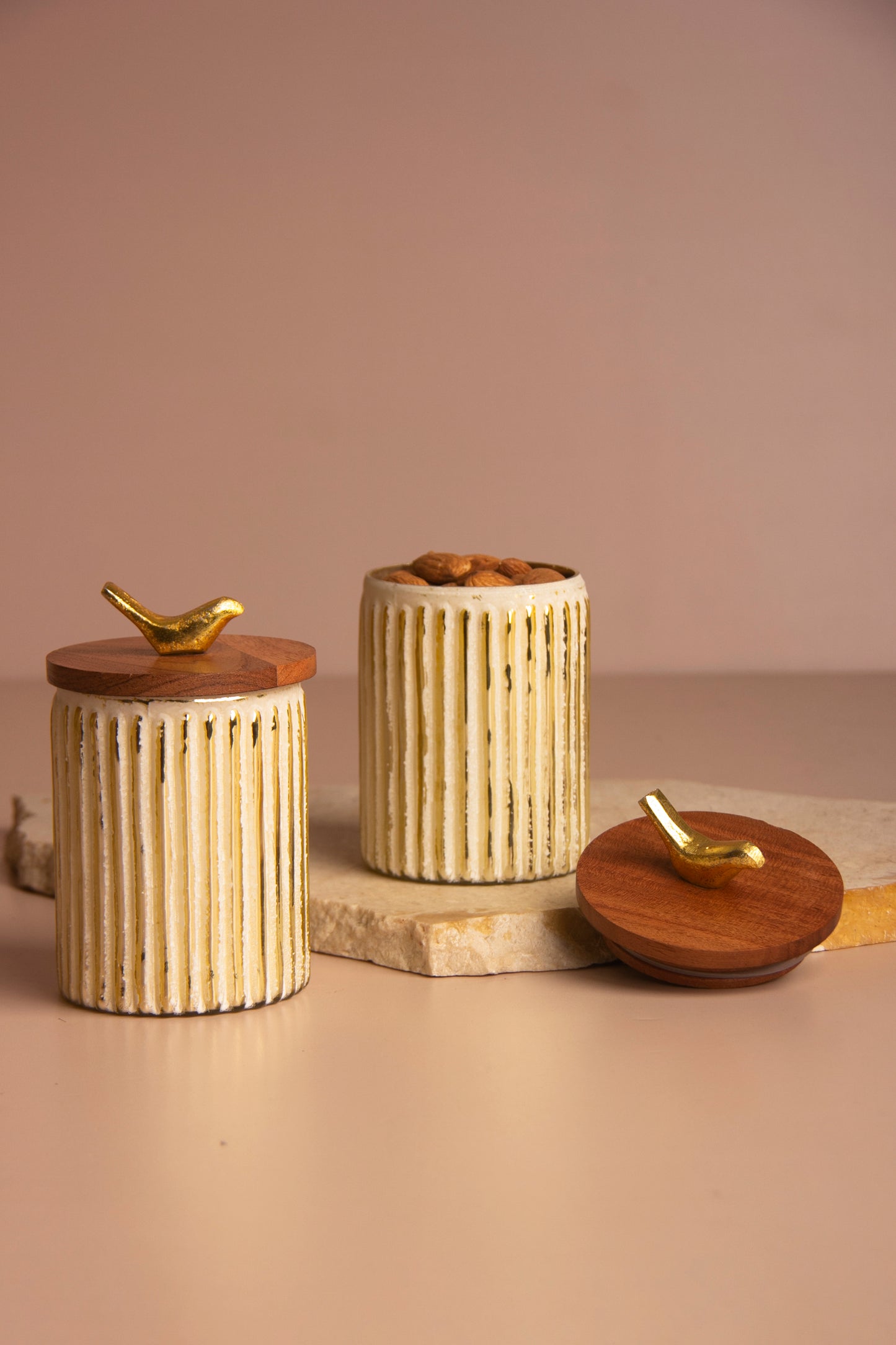 Ivory Crest Glass Jar with Wooden lid - Set of 2