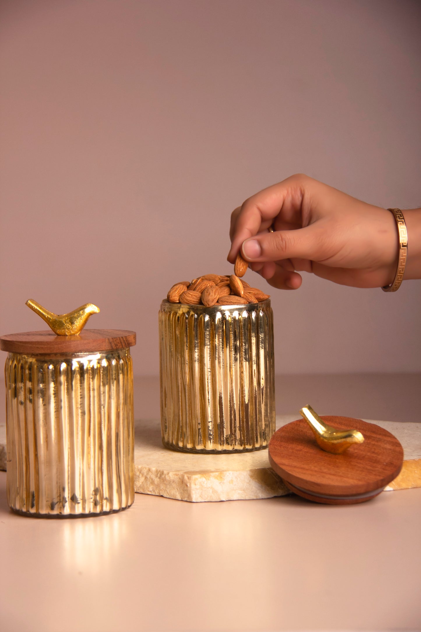 Gilded Crest Glass Jar with Wooden lid - Small - Set of 2