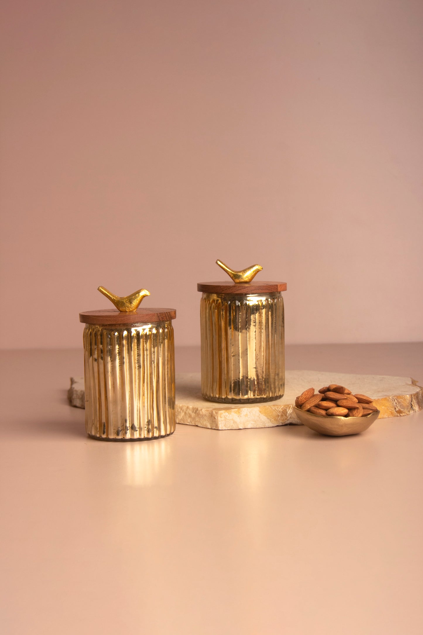 Gilded Crest Glass Jar with Wooden lid - Small - Set of 2