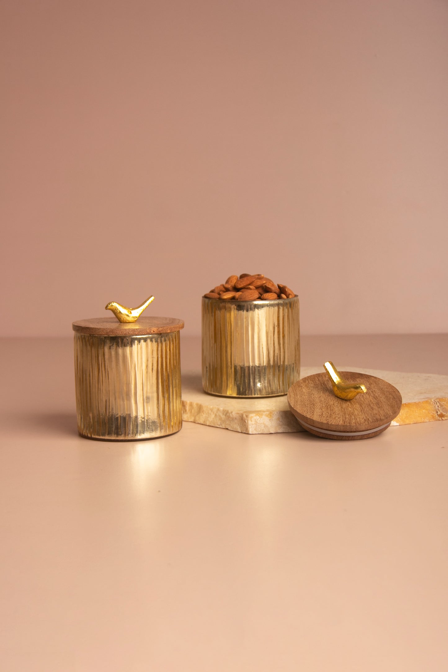 Gilded Crest Glass Jar with Wooden lid - Big - Set of 2