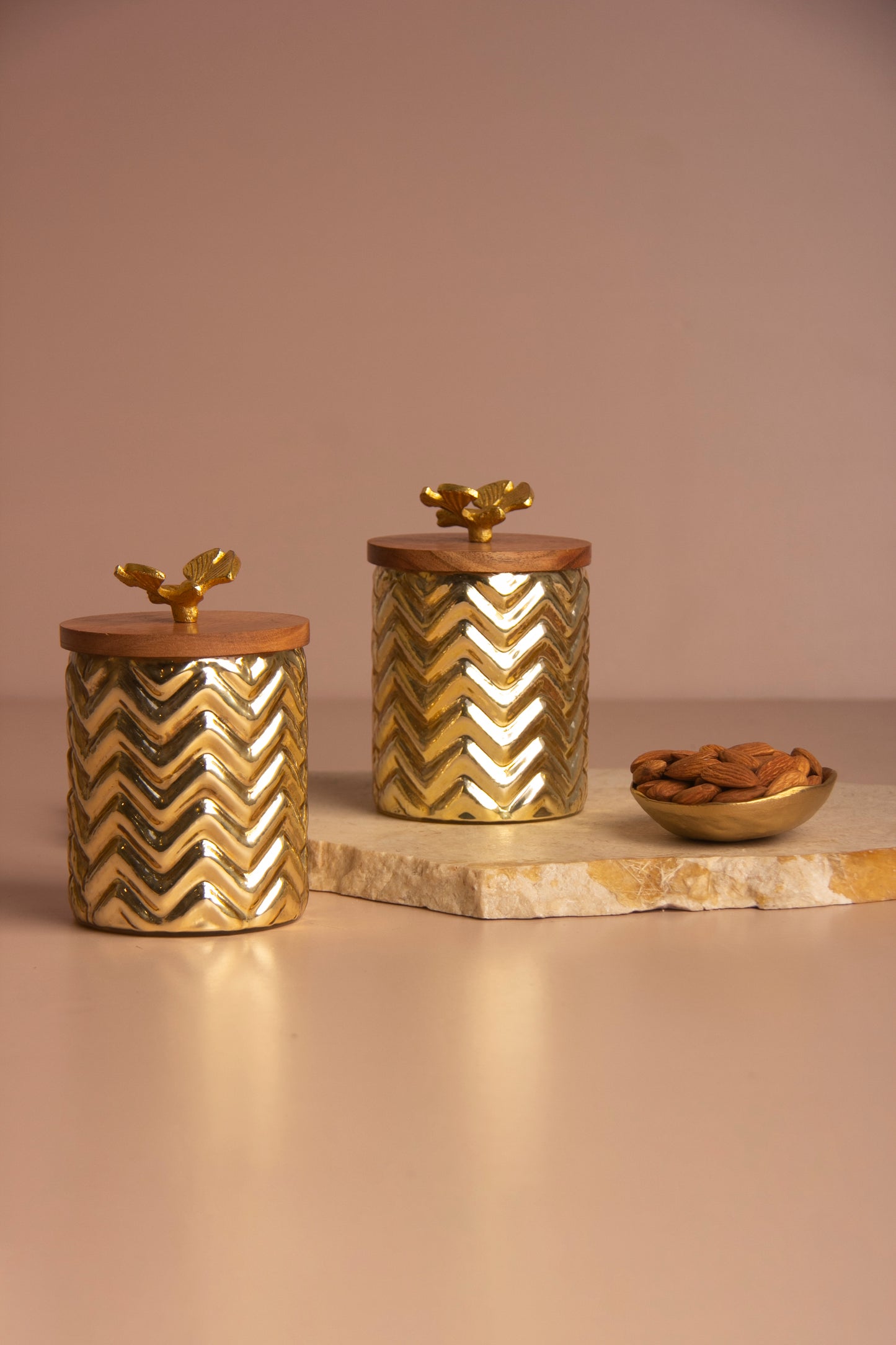 Lumi Gold Ripple Glass Jar with Wooden lid - Set of 2