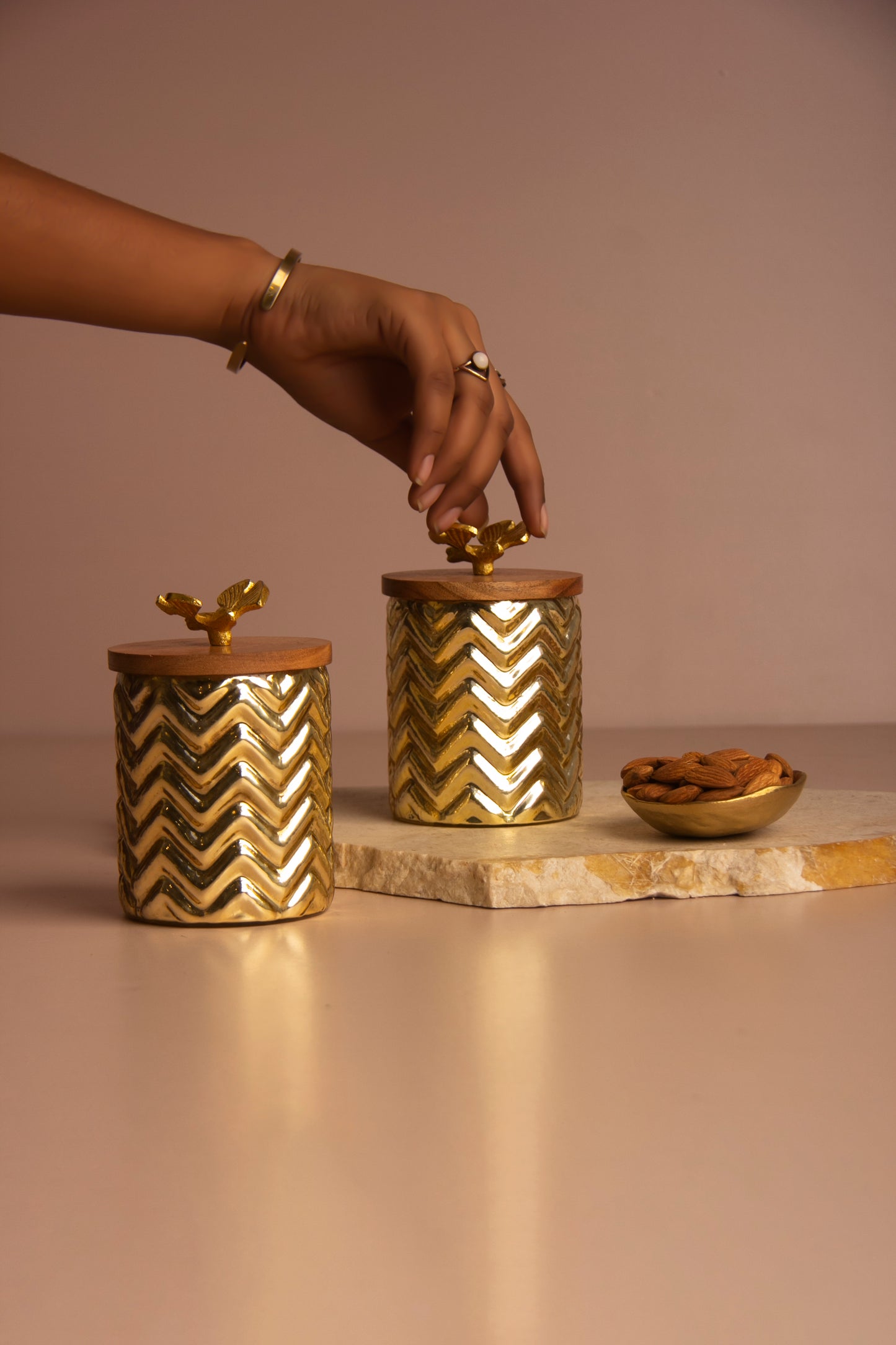 Lumi Gold Ripple Glass Jar with Wooden lid - Set of 2