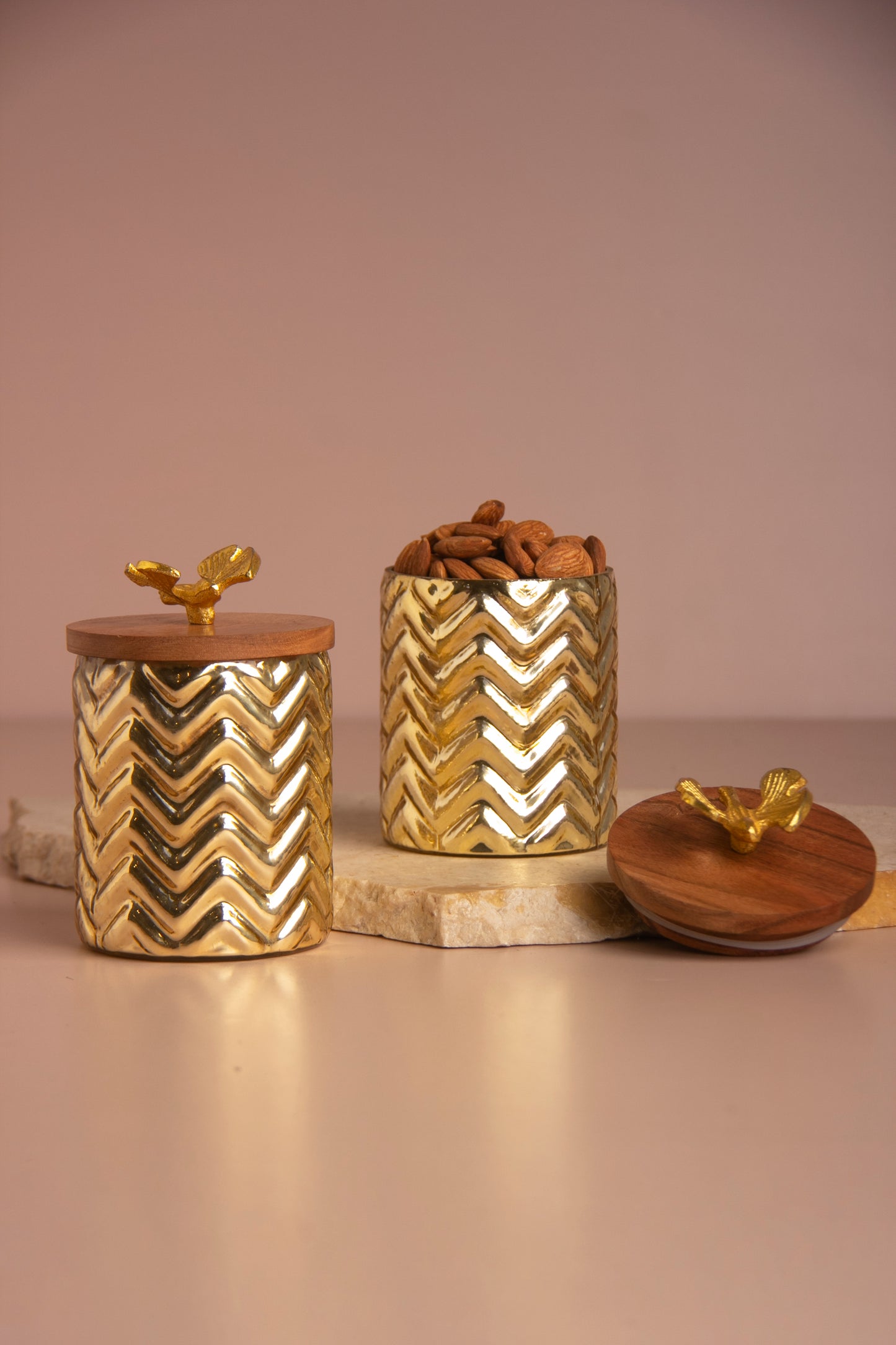 Lumi Gold Ripple Glass Jar with Wooden lid - Set of 2