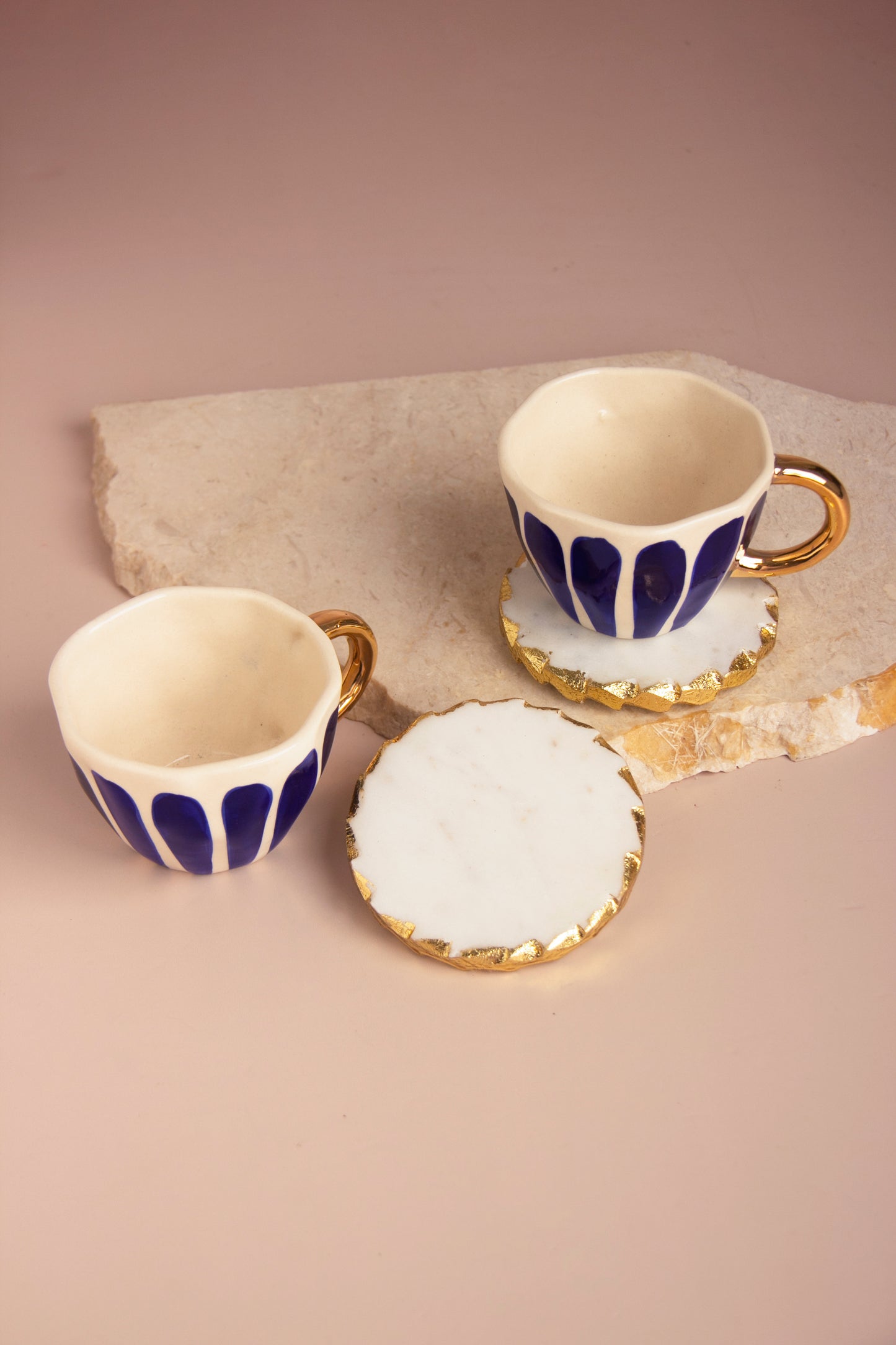 Elegant Hand-Painted Ceramic Cup Set with Round Marble Coasters - Set of 2 (Gift Box Included)