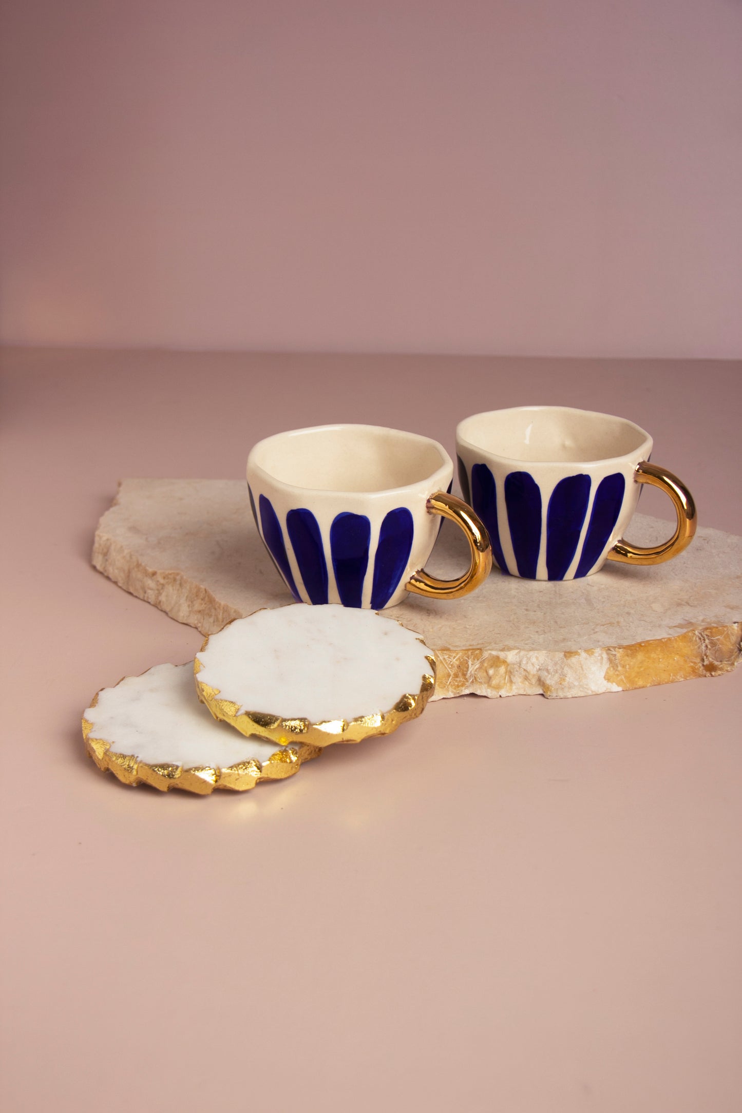 Elegant Hand-Painted Ceramic Cup Set with Round Marble Coasters - Set of 2 (Gift Box Included)