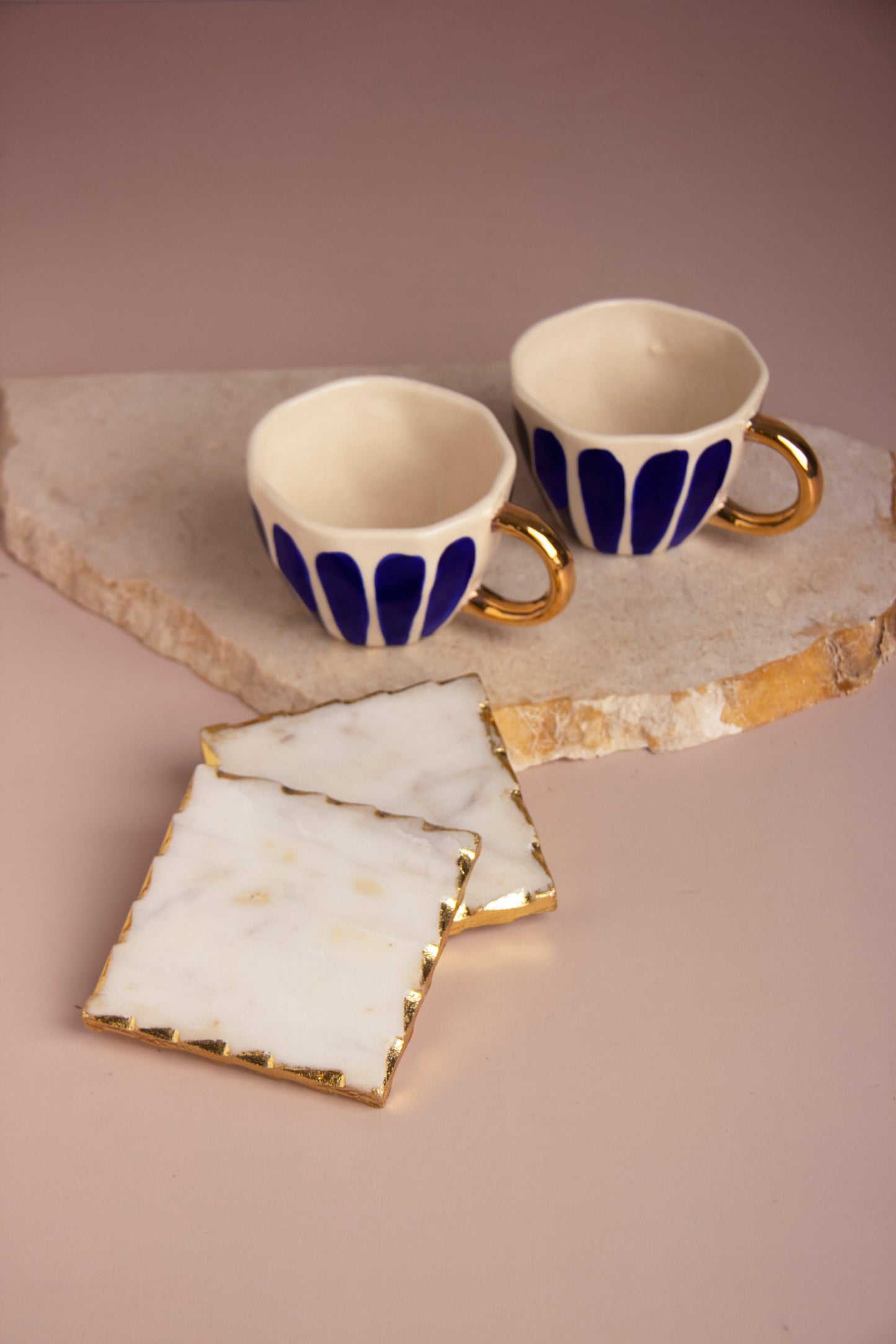 Luxury Hand-Painted Ceramic Cup Set with Gold Accents and Square Marble Coasters - Set of 2 (Gift Box Included)