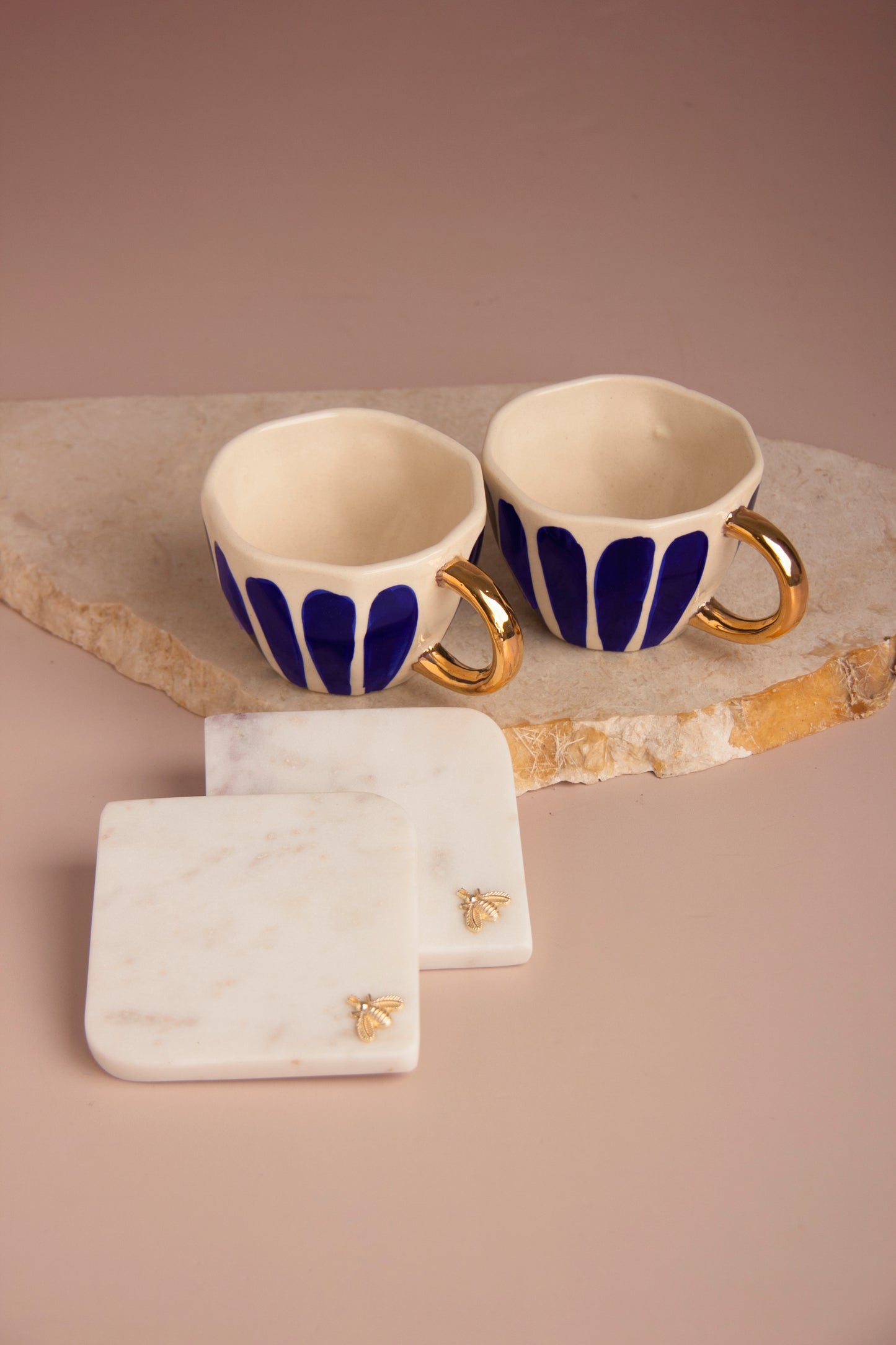 " Royal Blue Hand-Painted Ceramic Cup Set with Gold-Plated Handles & Honey Bee Marble Coasters – Set of 2 (Gift Box Included)