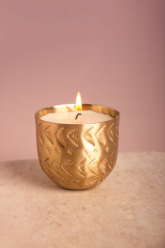 Gold-Plated Indian Jasmine Scented Candle –  Embossed Chevron Pattern with Cotton Wick