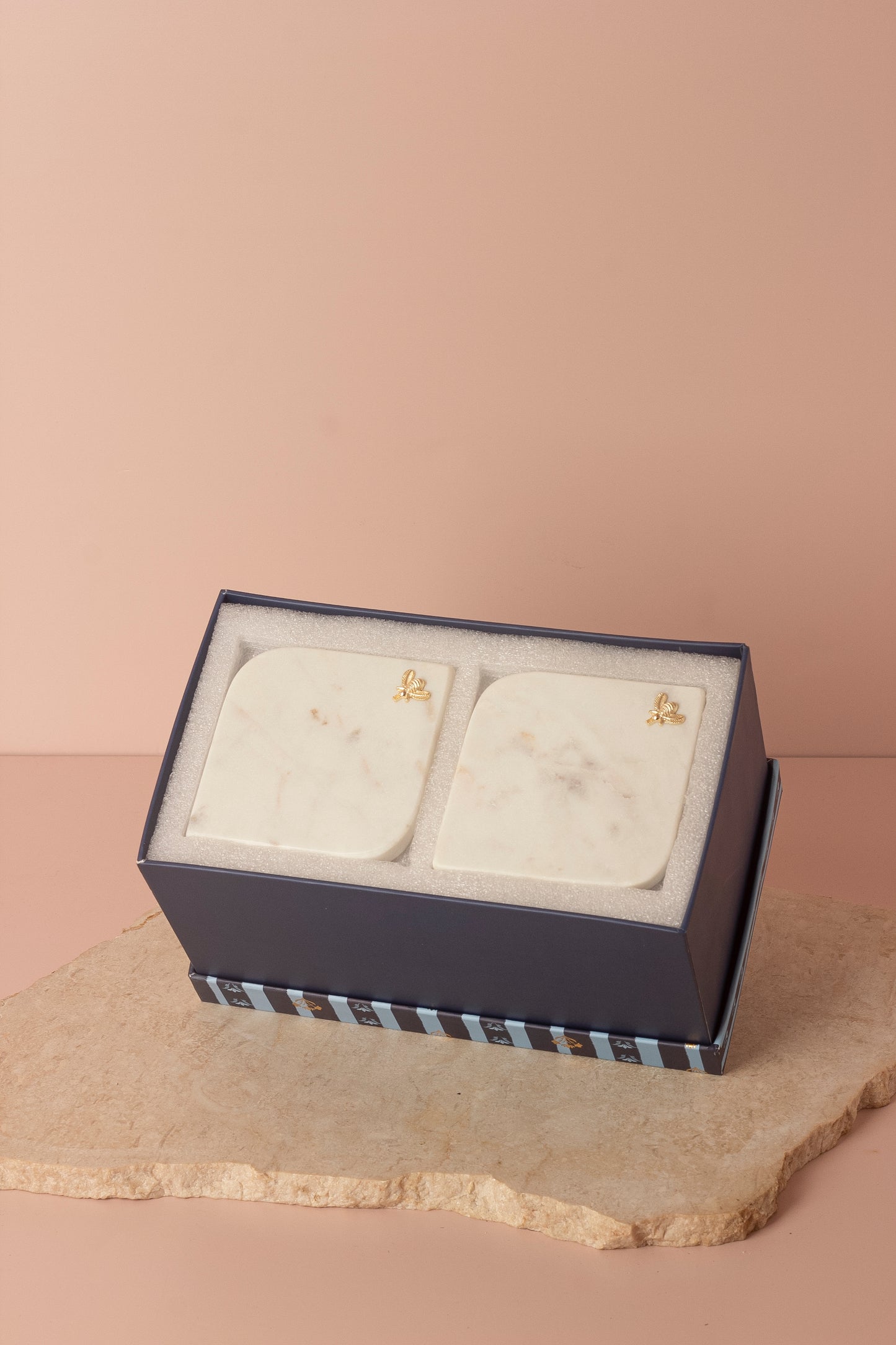 Royal Blue Hand-Painted Ceramic Cup Set with Gold-Plated Handles & Honey Bee Marble Coasters – Set of 2 (Gift Box Included)