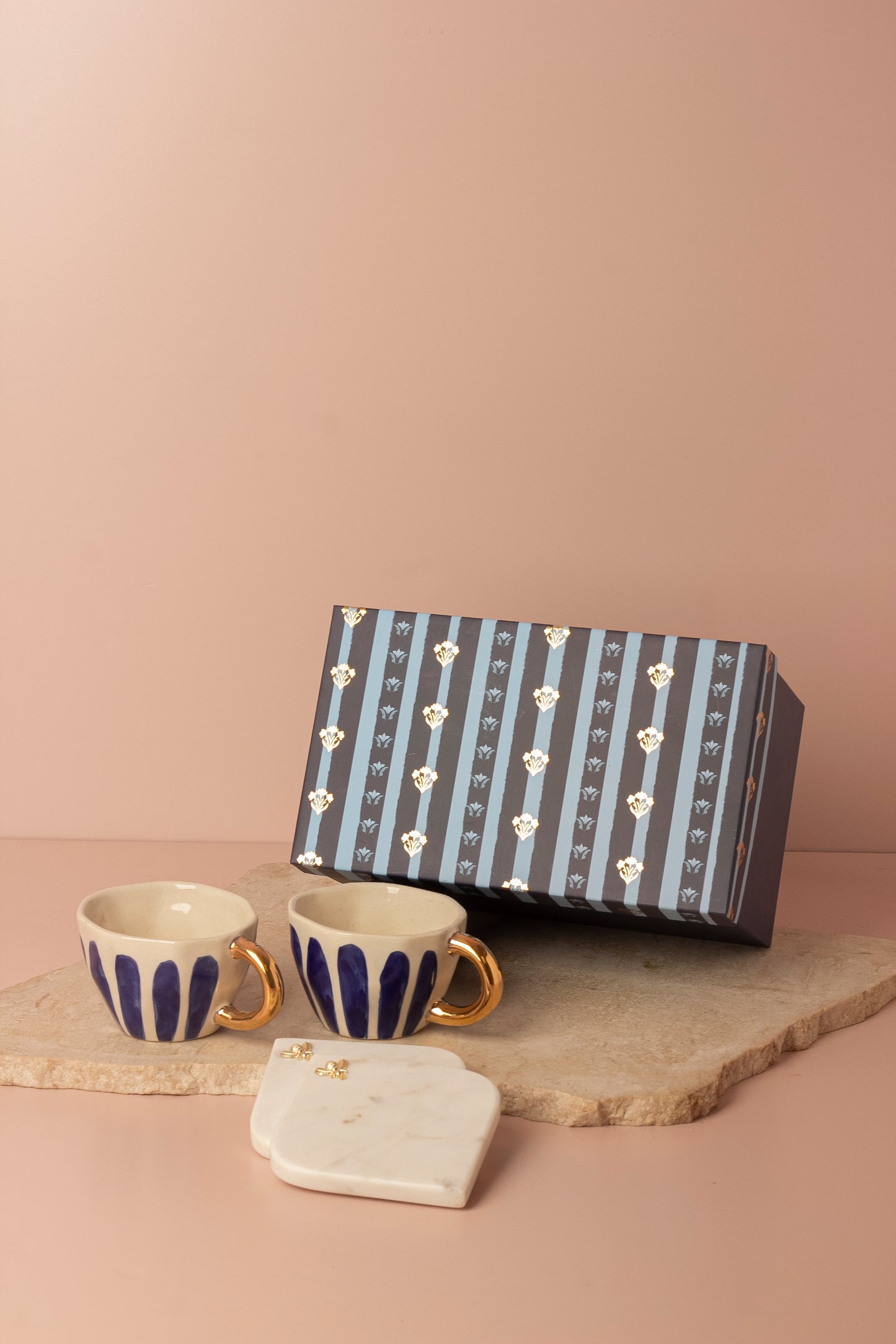 Royal Blue Hand-Painted Ceramic Cup Set with Gold-Plated Handles & Honey Bee Marble Coasters – Set of 2 (Gift Box Included)