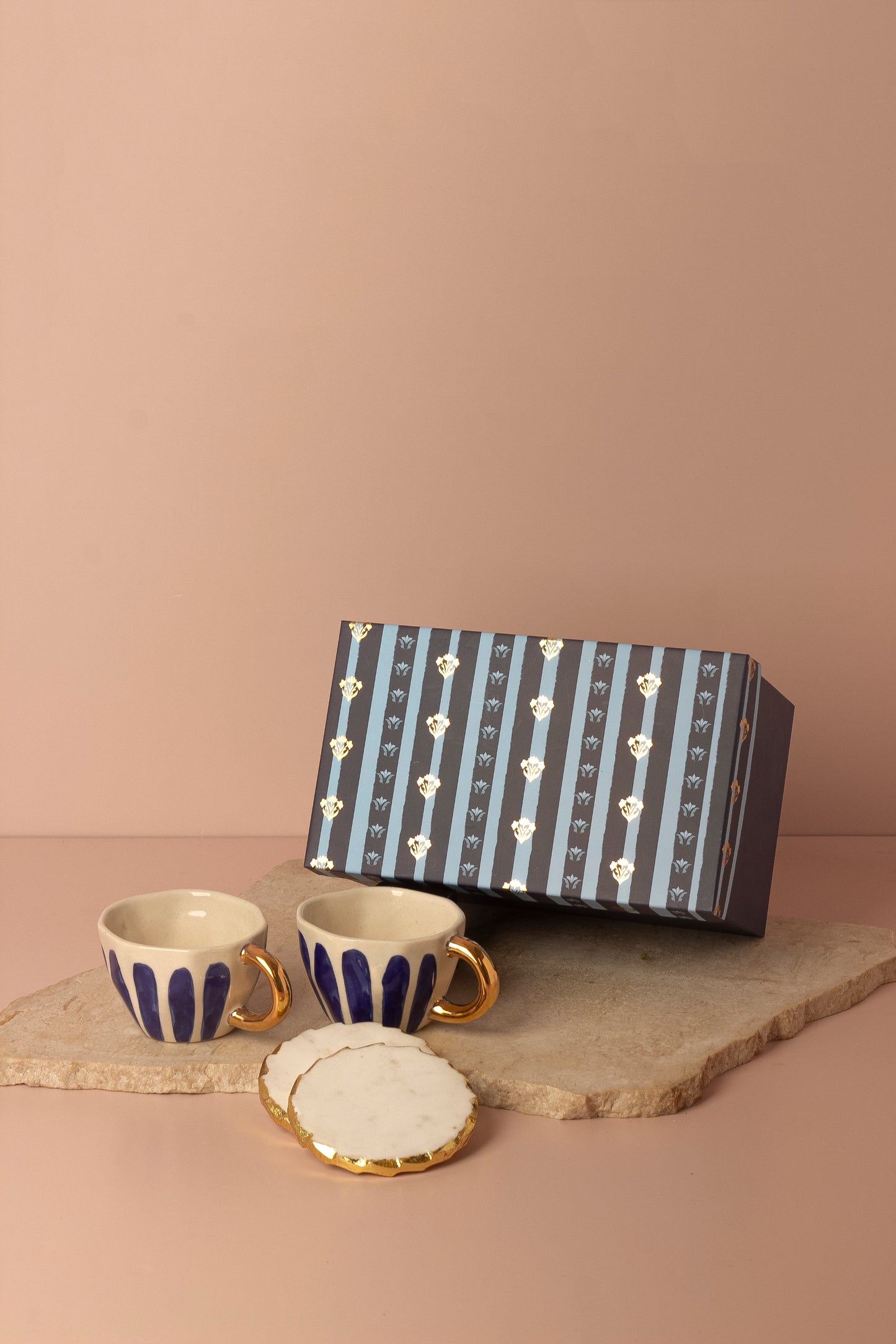 Elegant Hand-Painted Ceramic Cup Set with Round Marble Coasters - Set of 2 (Gift Box Included)
