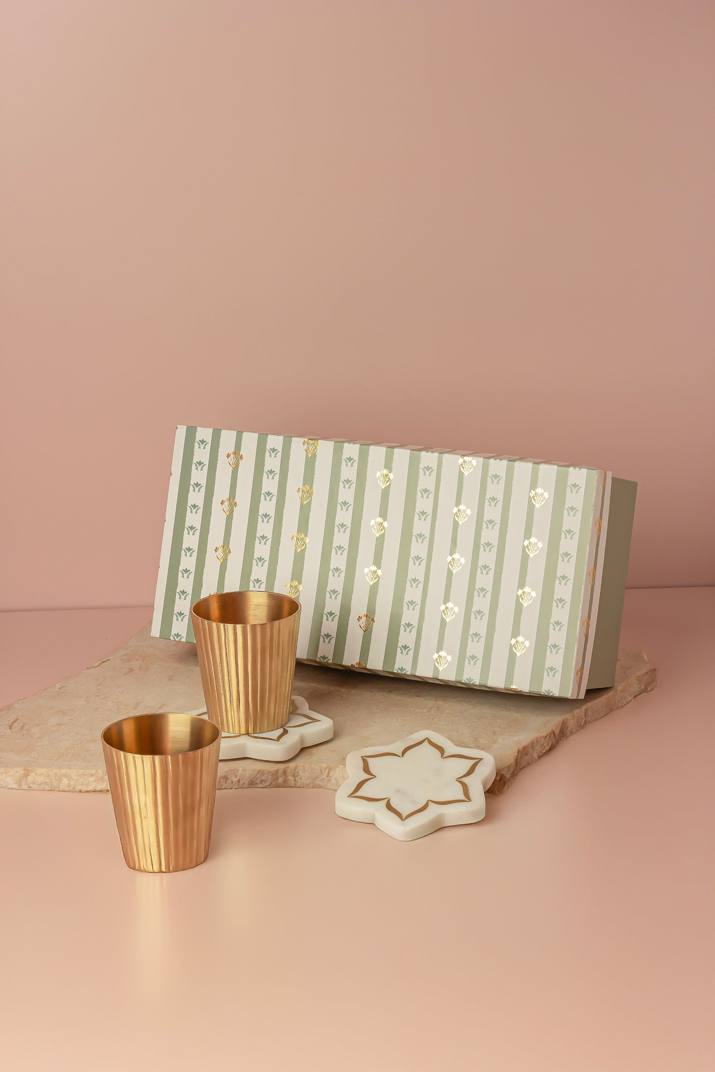 Golden Fluted Brass Glass & Marble Urli Coasters with Brass Inlay (set of 2) - Gift Set