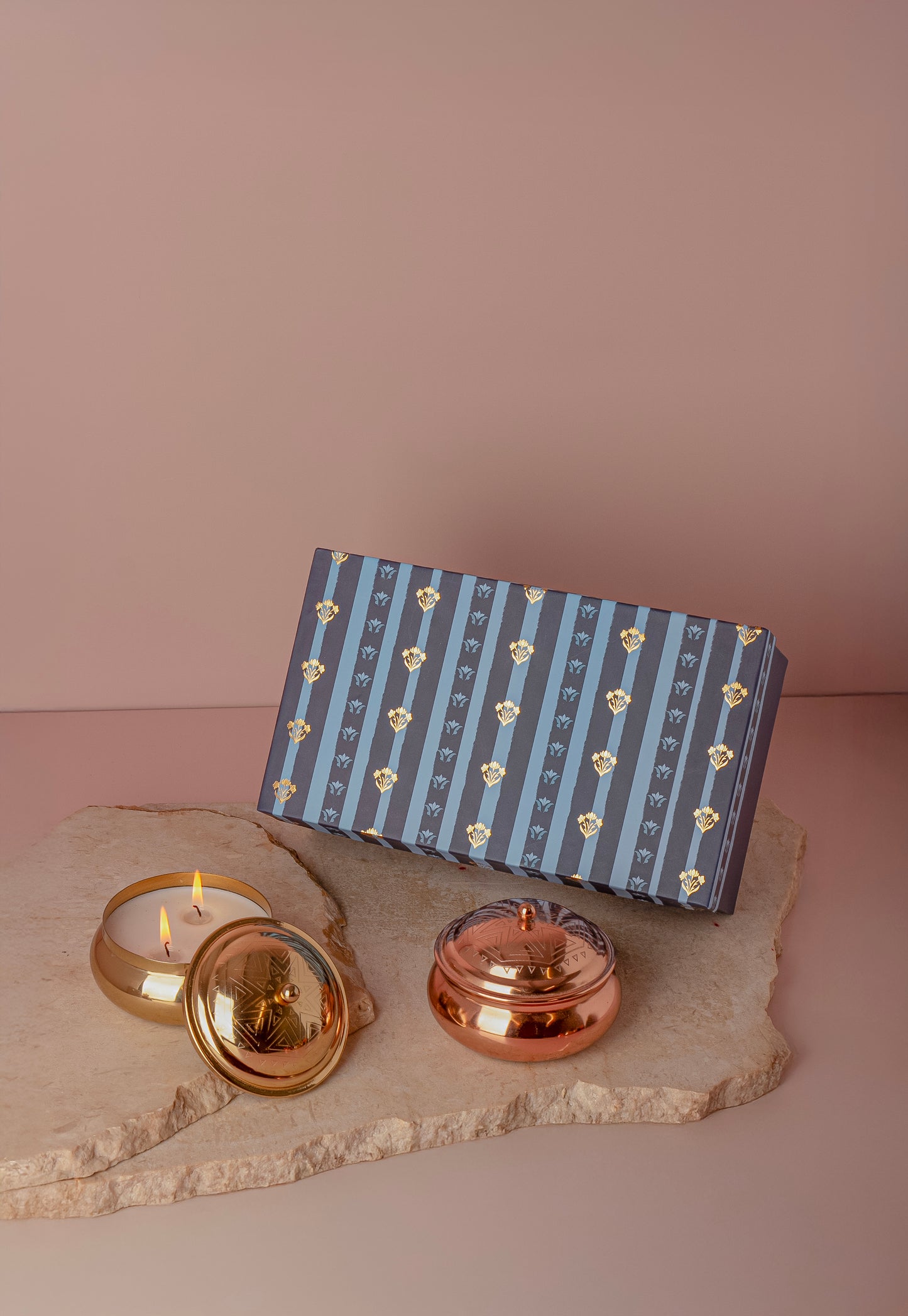 Geometric Embossed Gold and Rose Gold Double Wick Scented Candle - Set of 2