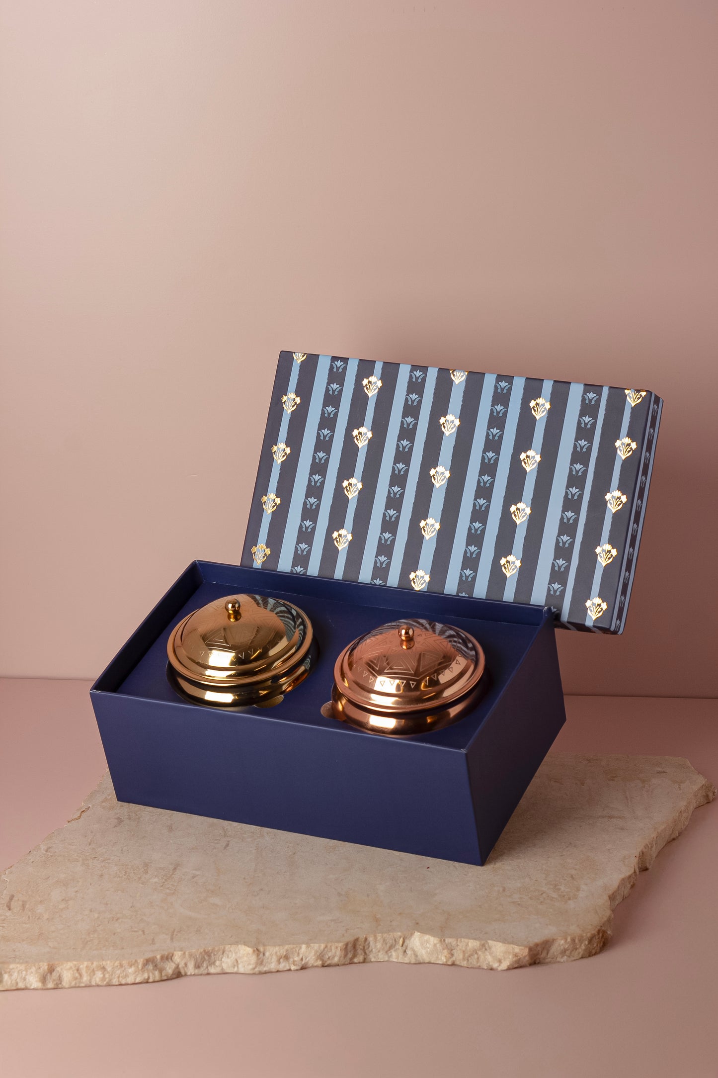 Geometric Embossed Gold and Rose Gold Double Wick Scented Candle - Set of 2