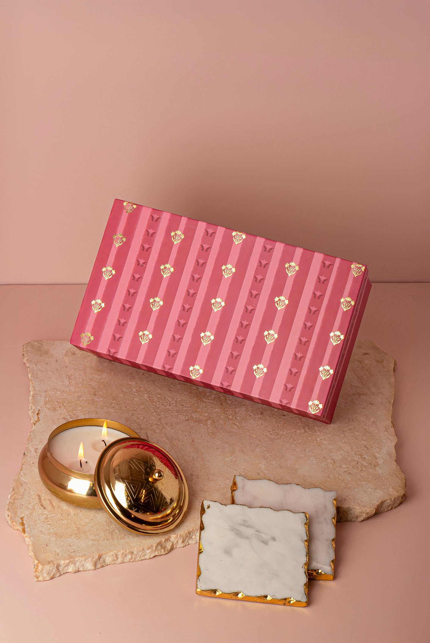 Geometric Embossed Gold Double Wick Scented Candle and Set of 2 Marble coasters with Gold Border