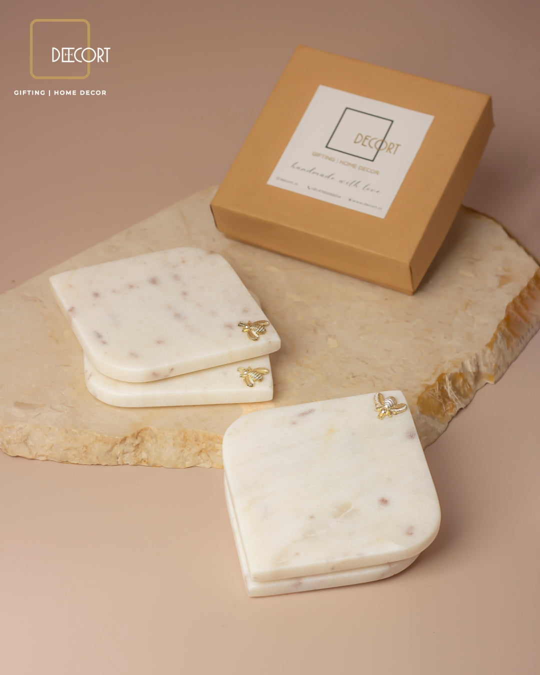 Honey Bee Natural Marble Coasters - Set of 4