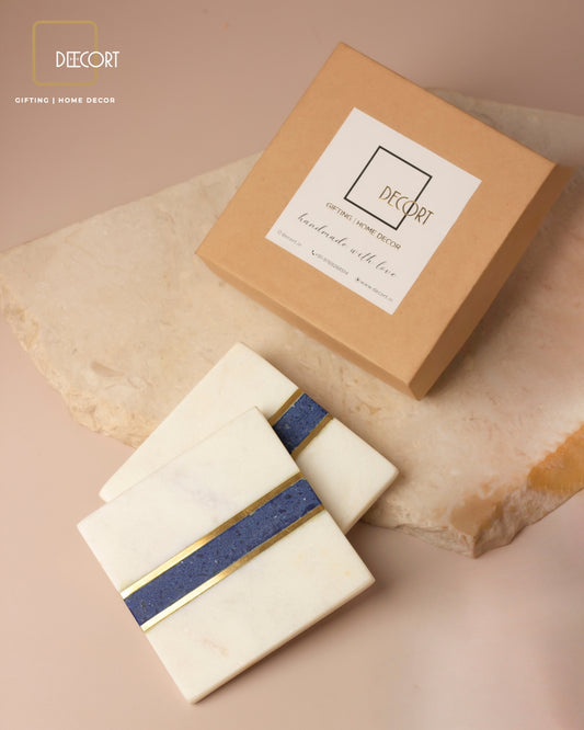 Blue Lapis Natural Marble Square Coasters with Brass Inlay- Set of 2