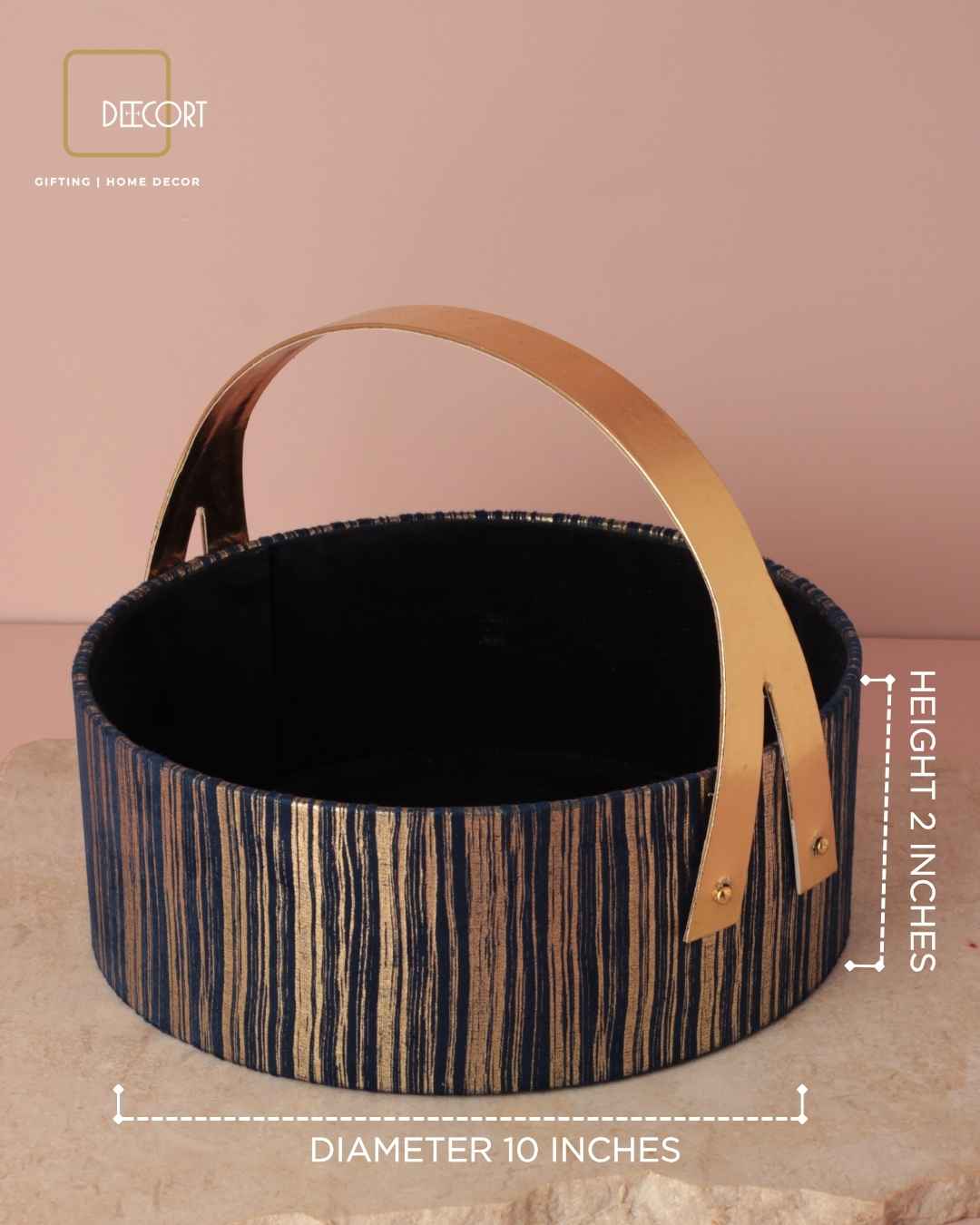 Round Blue & Gold Textured Basket with Luxe Gold Handle – 10 x 4 Inches