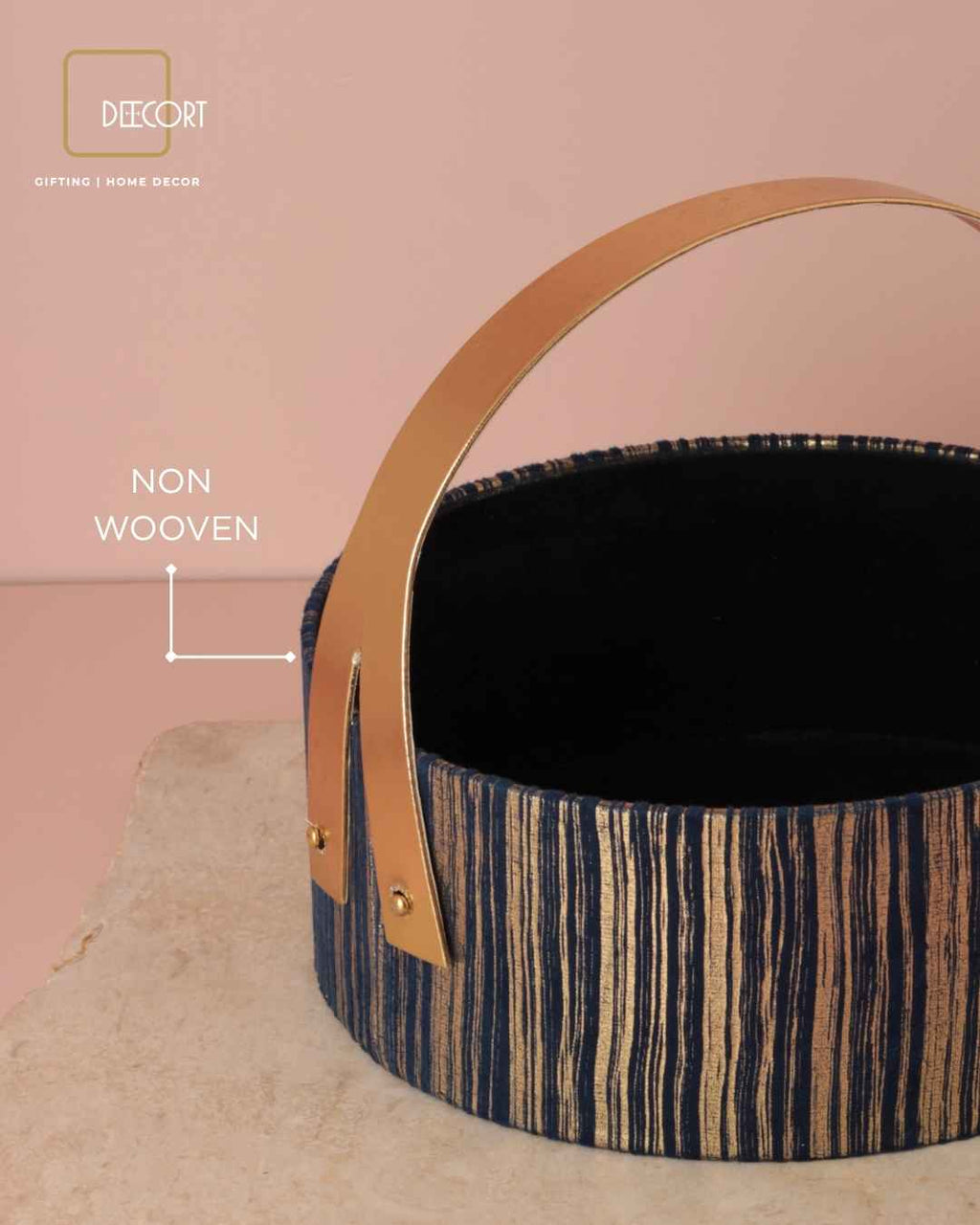 Round Blue & Gold Textured Basket with Luxe Gold Handle – 10 x 4 Inches
