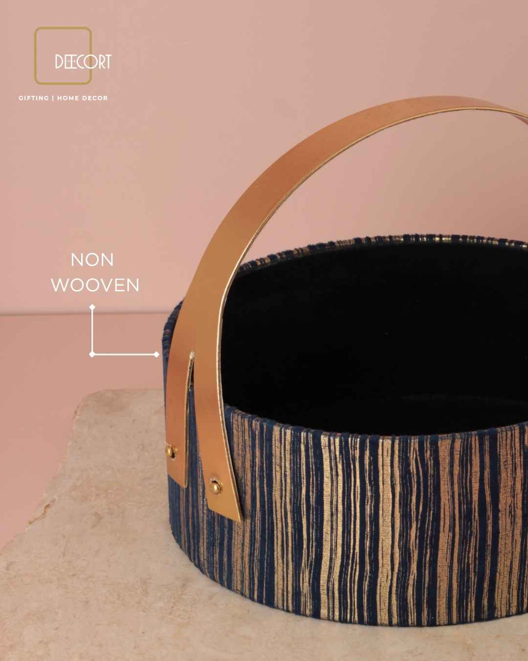 Round Blue & Gold Textured Basket with Luxe Gold Handle – 10 x 4 Inches
