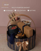 Round Blue & Gold Textured Basket with Luxe Gold Handle – 10 x 4 Inches