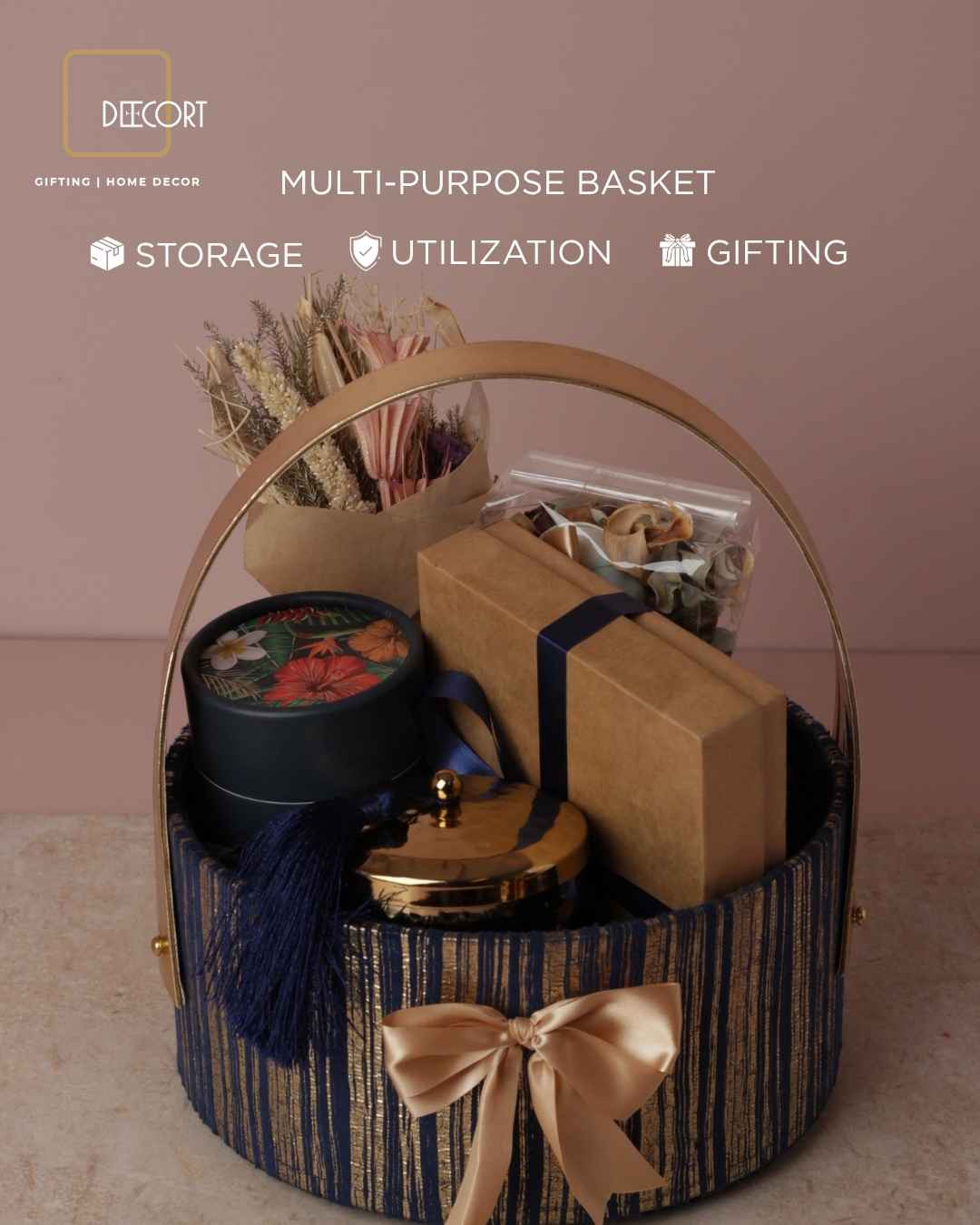 Round Blue & Gold Textured Basket with Luxe Gold Handle – 10 x 4 Inches