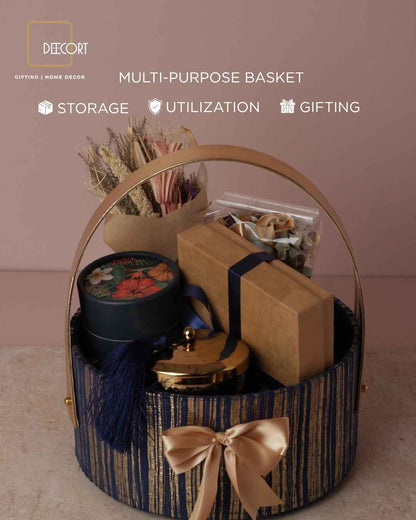Round Blue & Gold Textured Basket with Luxe Gold Handle – 10 x 4 Inches