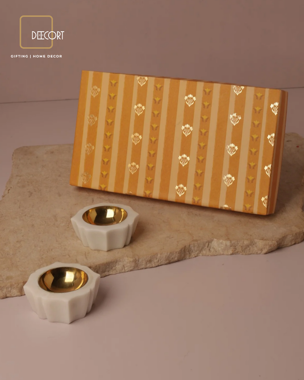 Set of 2 Golden Blossom T-Lights with Brass Holders – Festive Décor Gift Set (Gift Box Included)