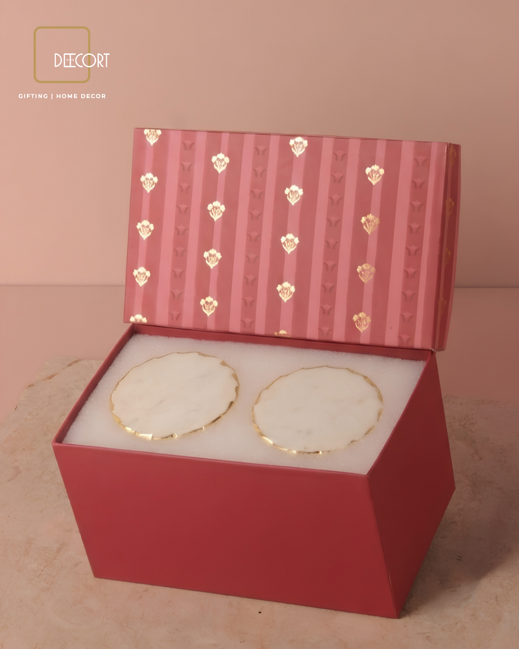 Ruby Elegance Ceramic Cups & Marble Round Coasters Gift Set