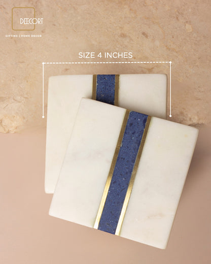 Blue Lapis Natural Marble Square Coasters with Brass Inlay- Set of 2