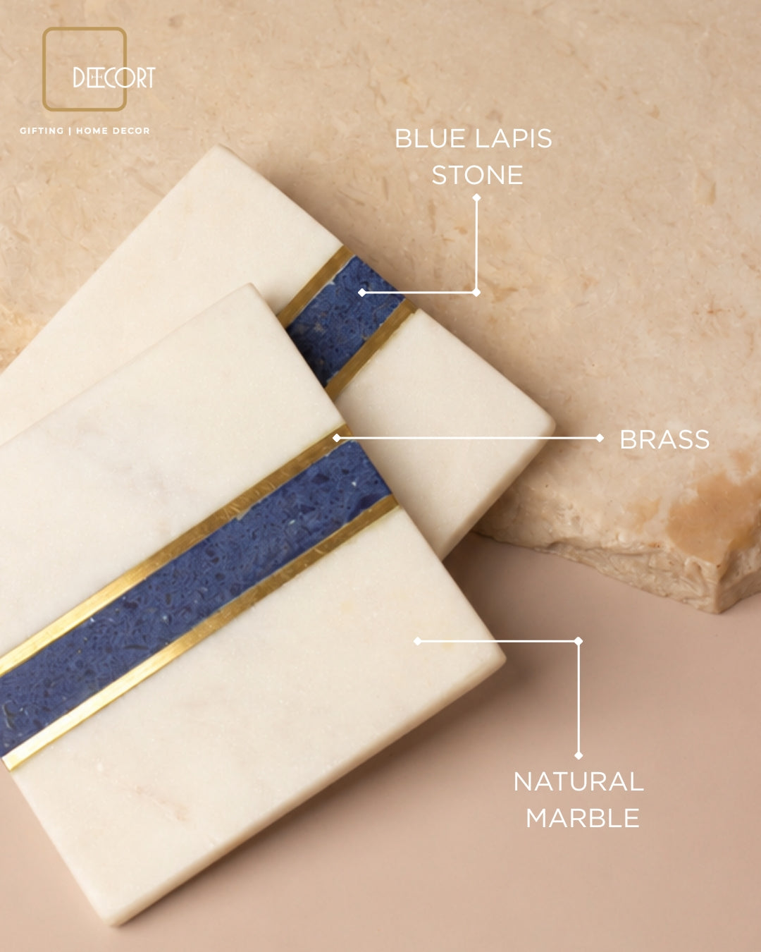 Blue Lapis Natural Marble Square Coasters with Brass Inlay- Set of 2
