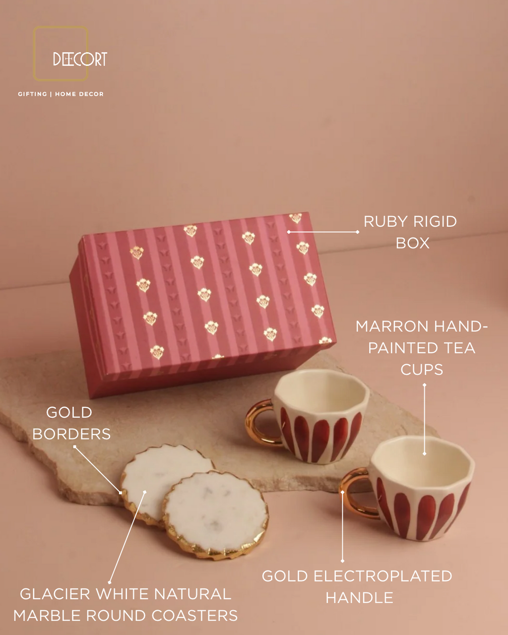 Ruby Elegance Ceramic Cups & Marble Round Coasters Gift Set