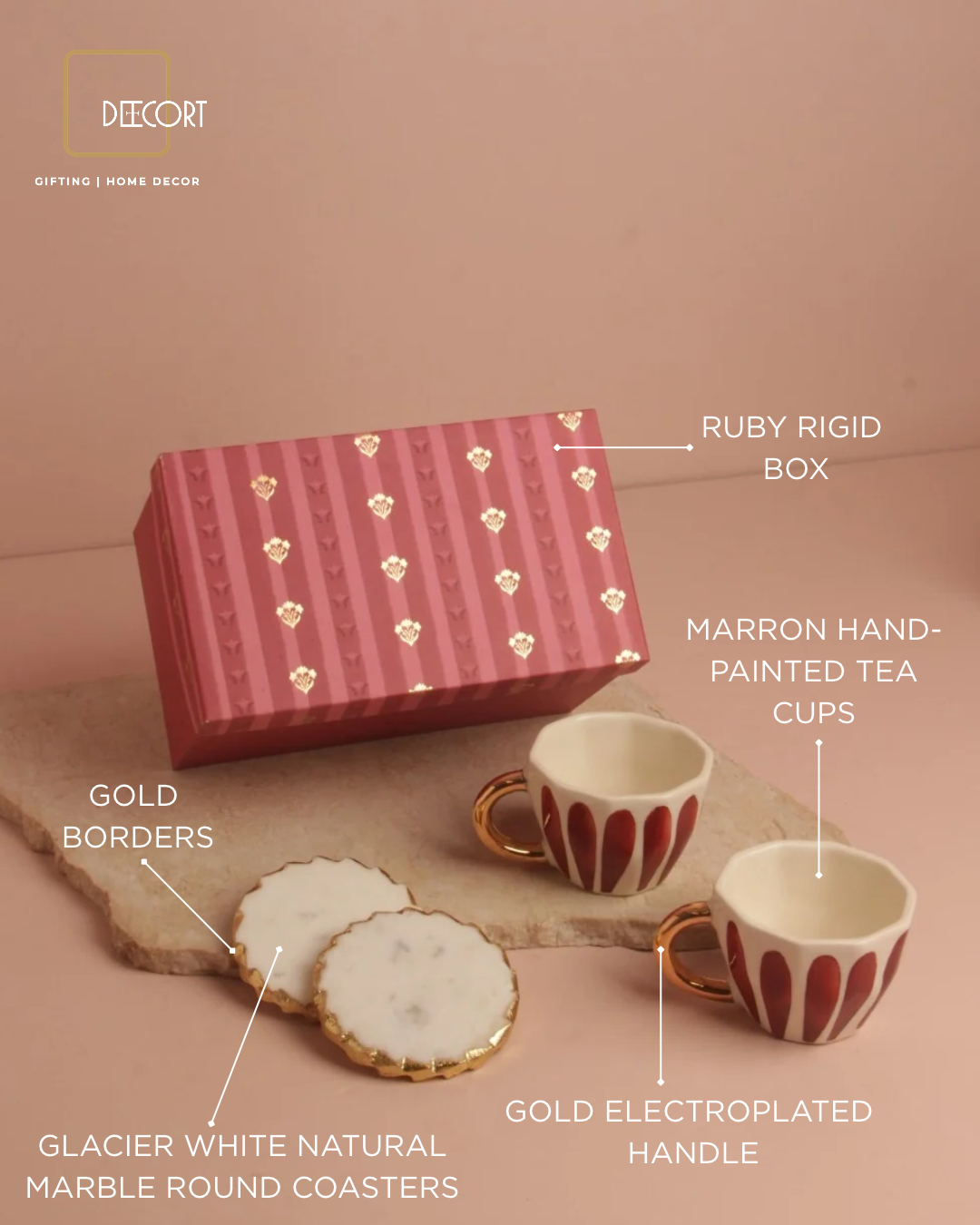 Ruby Elegance Ceramic Cups & Marble Round Coasters Gift Set