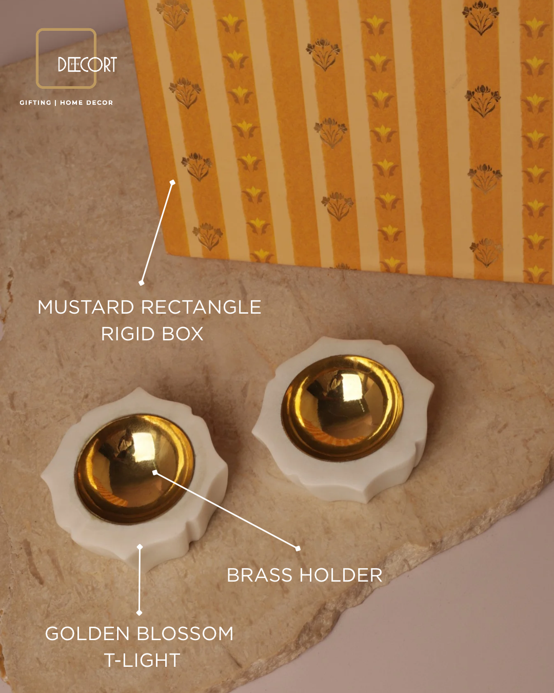 Set of 2 Golden Blossom T-Lights with Brass Holders – Festive Décor Gift Set (Gift Box Included)